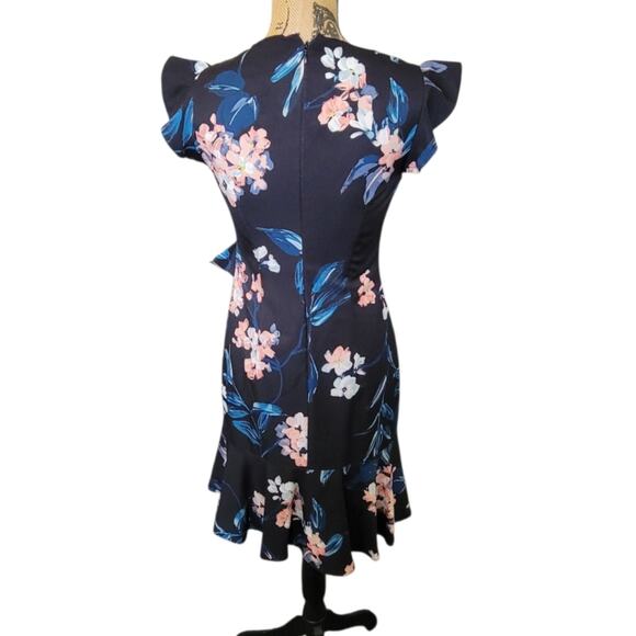 Size 2 Adrianna Papell Black Blue & Pink Ruffled Floral Flutter Sleeve Dress - Picture 3 of 4